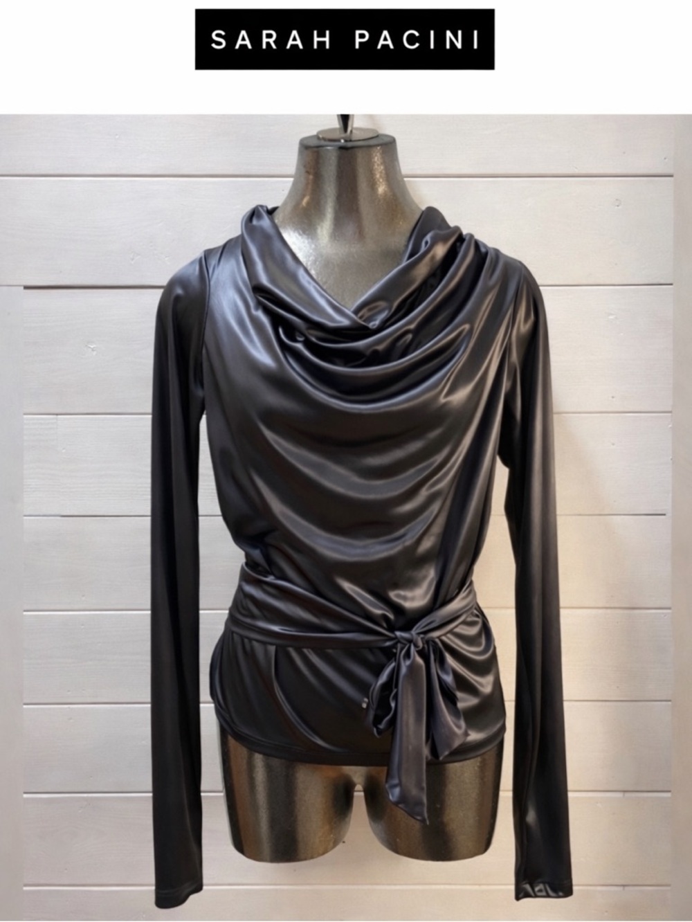 SARAH PACINI – Black Draped Top Size S (no tag, refer to measurements)